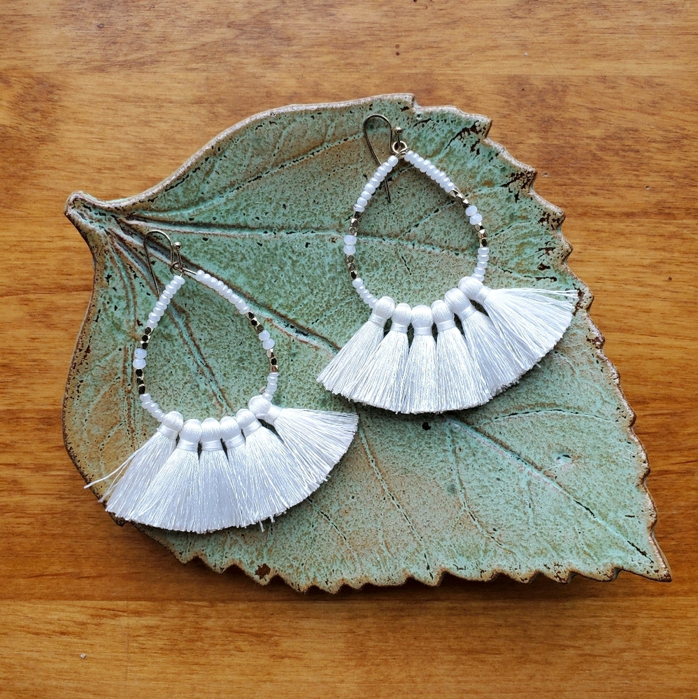 White Beaded Tassel Earrings
